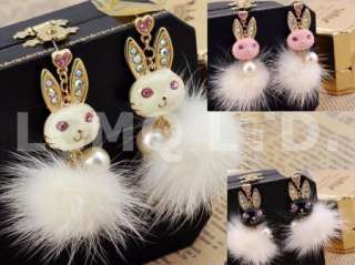   Bunny Rabbit Pearl Dangle Earrings Ear stud Gold   BEST GIFT   White
