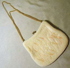 VTG GLAM BEADED WHITE PINK GOLD CLUTCH AND CHAIN EVENING BAG PURSE 