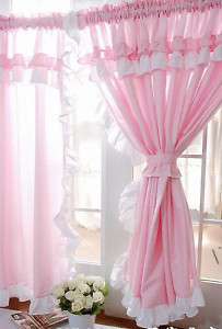 Shabby and Elegant Pink gingham Ruffle curtain drape 2pc set  