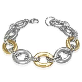 Stainless Steel Two Tone Twisted Circle Oval Link Womens Bracelet 
