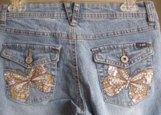 ANGELS JEANS EMBROIDERED CRYSTAL BUTTERFLY POCKETS STRETCH DENIM SZ.9 