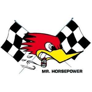 Mooneyes Aufkleber, Mr. Horsepower m. Race Flag, rechts: .de 