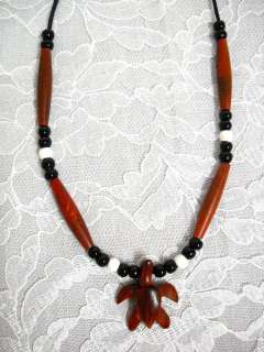 EXOTIC ROSE WOOD CARVED TURTLE BEADED PENDANT NECKLACE  