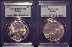 2001 P & D $1 Silver Buffalo Set In a PCGS PR 69 DCAM  