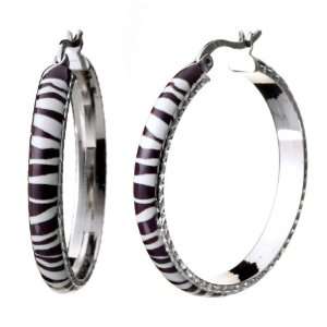  Black & White Stripes Enamel Hoop Earrings In Sterling 