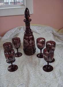 Antique Bohemian 8 Pc Red Crystal Decanter Stag Art Glass Wine 