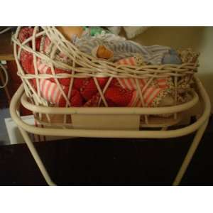  ANTIQUE LOOK SWINGING DOLL CRADLE WITH DOLL AND QUILT 