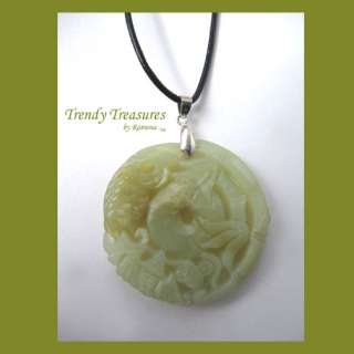 Carved Jade Green Pendant Necklace Fish Bamboo 