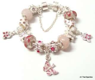 Pink Crystal Butterfly Child Girls Charm Bracelet  