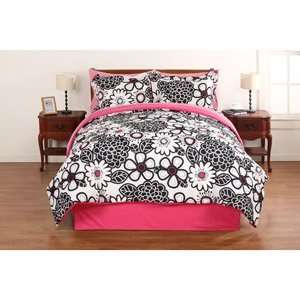  Black White Pink Flower Floral Reversible Queen Comforter 