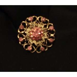   Vintage Goldtone Filigree Pink Rhinestone Brooch pin 