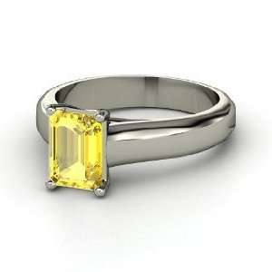   Cut Solitaire Ring, Emerald Cut Yellow Sapphire 14K White Gold Ring
