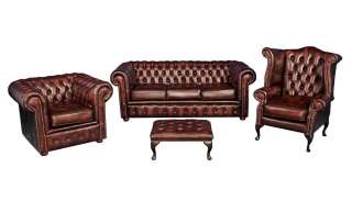 English Leather Chesterfield Suite Sofa Wing Back Club Chair Ottoman 