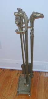   BRASS Set on Stand 4 Pc FIREPLACE FIRE TOOLS Horse Head  