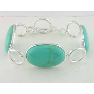    Sterling Silver Flat Oval Turquoise Gemstone Bracelet Jewelry