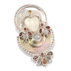   Bone Face, Mother of Pearl & Gemstone Goddess Pin / Pendant Jewelry