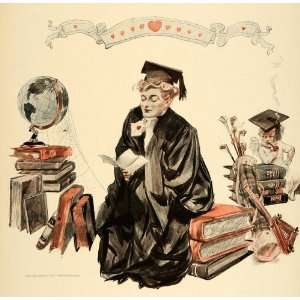  1908 Henry Hutt Victorian Woman Graduate Cap Gown Print 