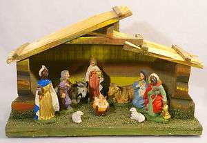 Vintage Made in Italy Nativity Scene Creche Set Hard Plastic Wood 