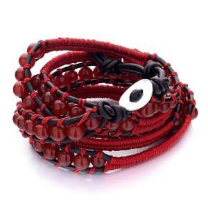   Bracelets Red Turquoise Beads Wrap Bracelet On Black Leather Chip