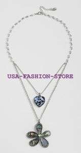 GUESS PEARL FLOWER HEART NECKLACE SILVER BEADS BLUE NWT  