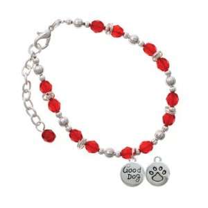   Crystal and Paw Print Red Czech Glass Beaded Charm Bracelet Jewelry