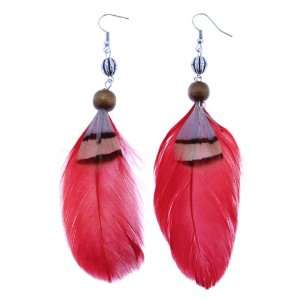 Red Dangling Feather Earrings with Natural Pheasant Feather and Wooden 