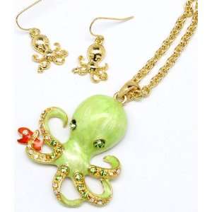  Octopus Necklace and Earring Set Lime Green Crystals 