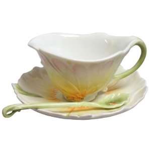  5.5 inch White Porcelain Cup Saucer with Spoon Pink Yellow 