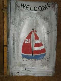 Vintage Metal Roofing Tile Hand Painted With Welcome And A Sailboat 