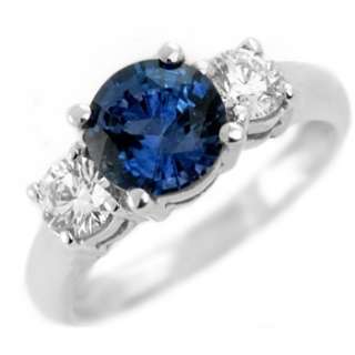 55CT FINE BLUE SAPPHIRE & DIAMOND THREE STONE ENGAGEMENT RING 14k 