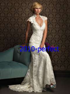 Ivory Lace Wedding Dress Cap Sleeve Chapel Length V Neckline Custom 