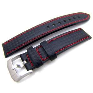  18mm Carbon Fiber Black Watch Strap, Red Stitch, Screw in 